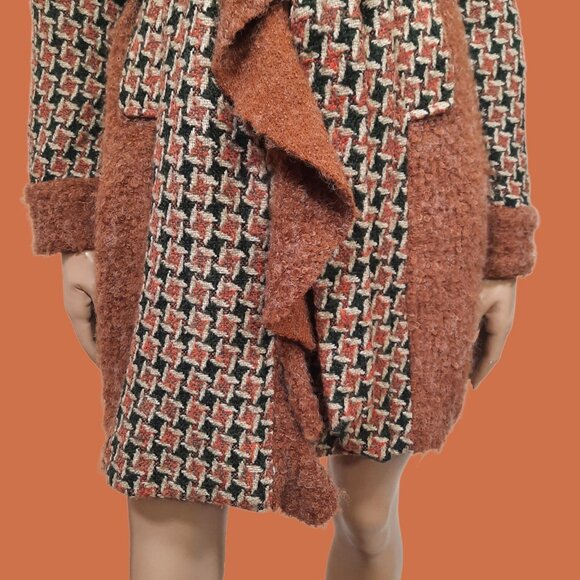 Y2K Belted Mid Length Houndstooth Coat Rust Brown Black Fuzzy Trim Size S - Picture 2 of 8
